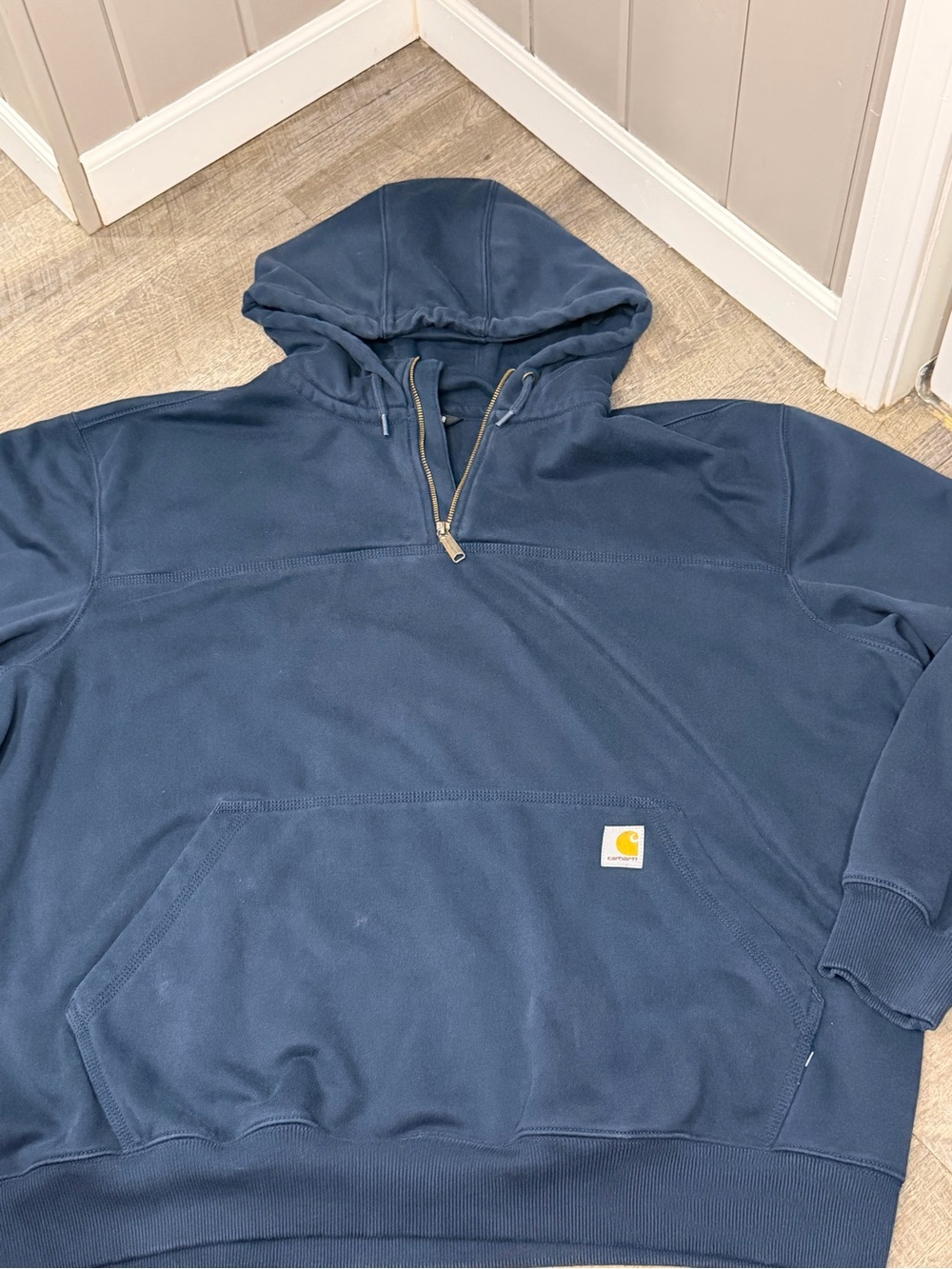 Carhartt Rain Defender Navy Quarter-Zip Hooded Sweatshirt - Picture 2 of 9
